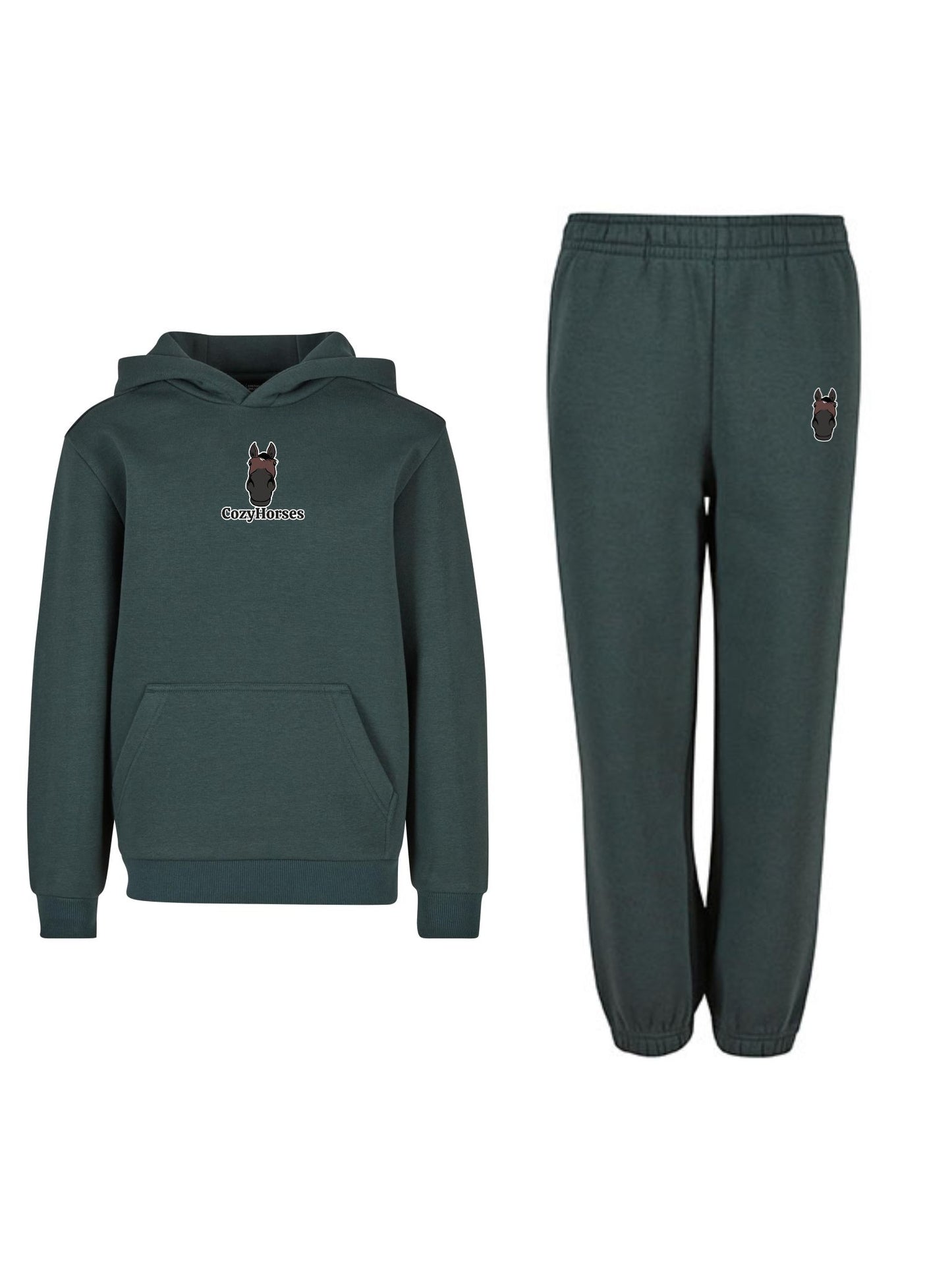 Miękki komplet dresowy z haftem "cozy horses" dla dzieci Oversize - COZY - Bottle Green