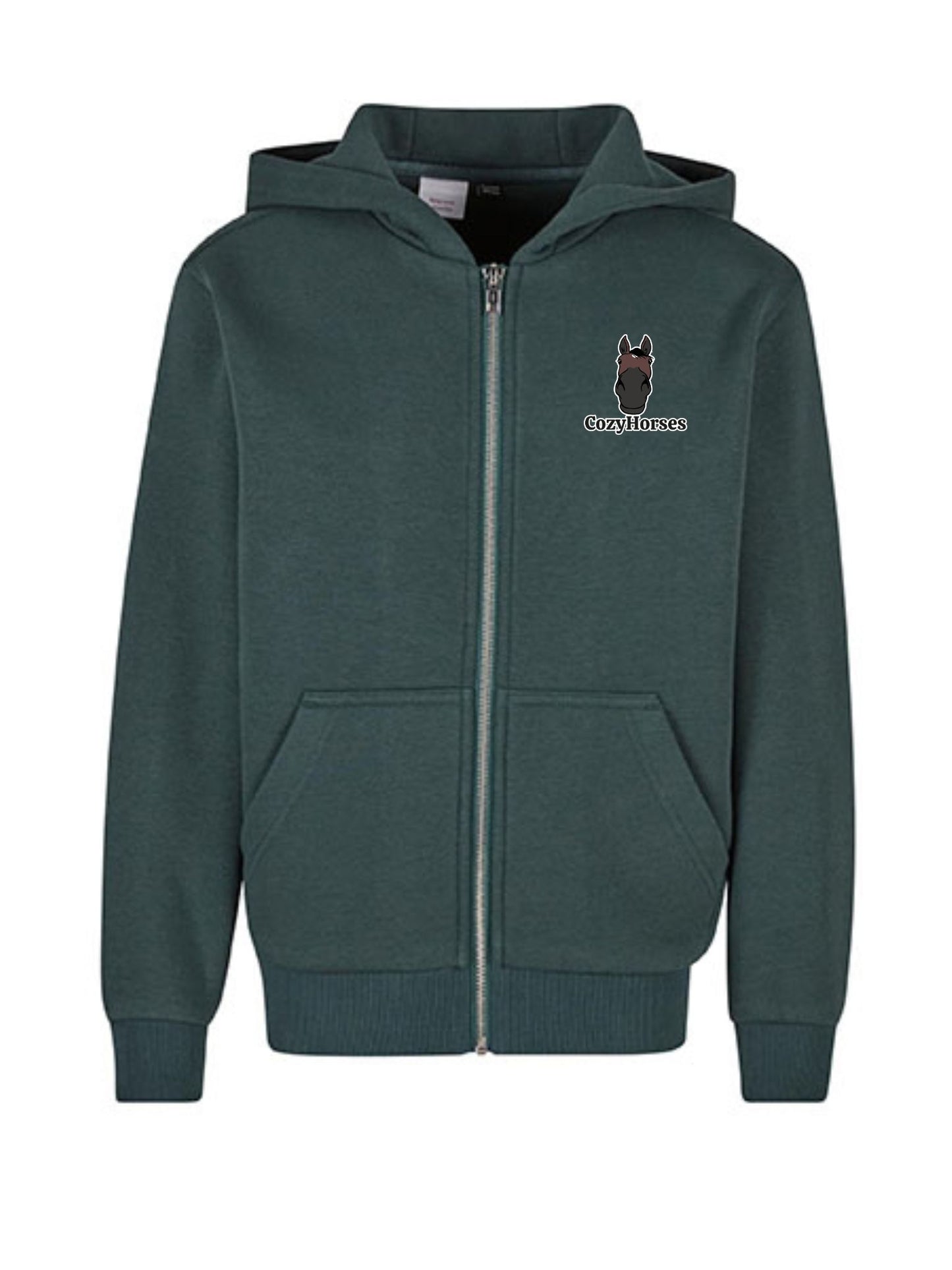 Miękka bluza na zamek z haftem "cozy horses" dla dzieci OVERSIZE - COZY - Bottle Green
