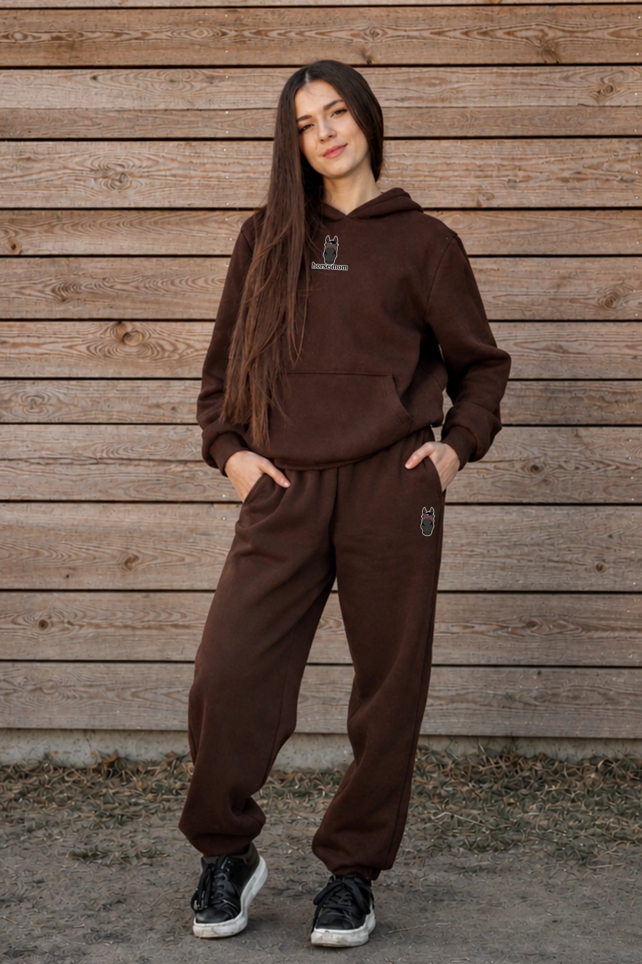 Cozy Komplet Dresowy Dla Koniary - Horse Mom Oversize - Chocolate Brown