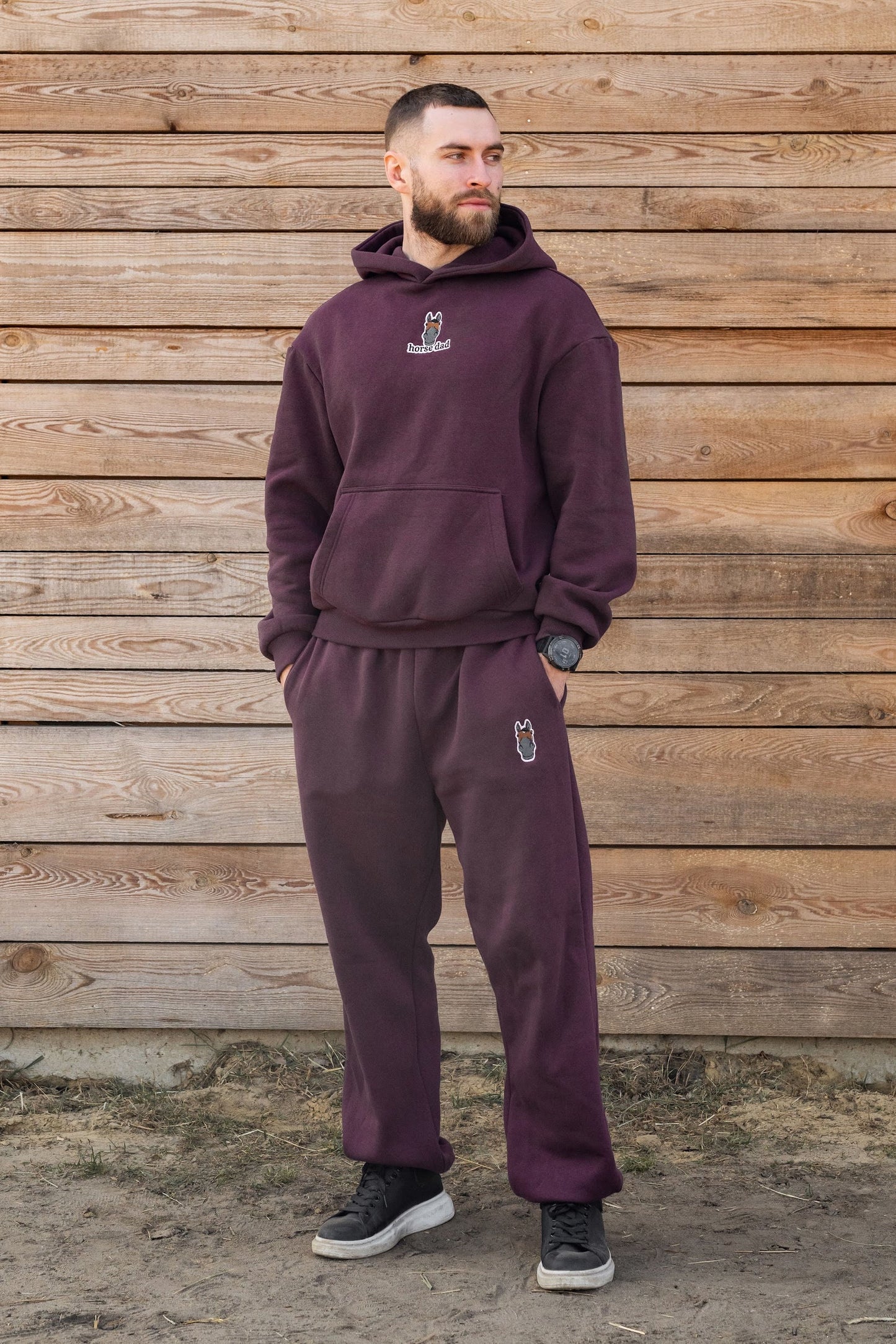 Cozy Komplet Dresowy Dla Koniarza - Horse Dad Oversize - Plum Purple