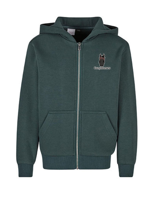 Miękka bluza na zamek z haftem "cozy horses" dla dzieci OVERSIZE - COZY - Bottle Green