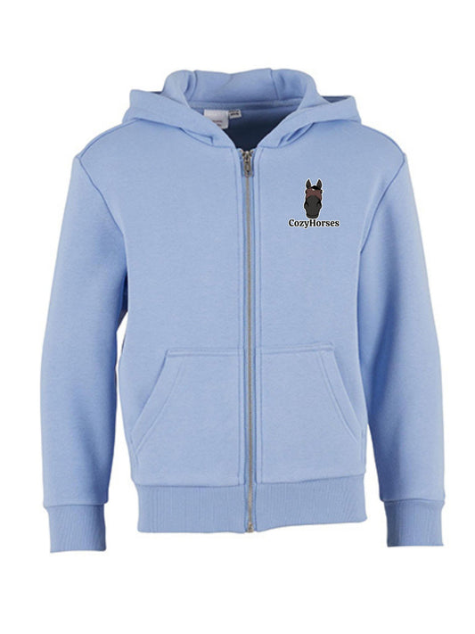 Miękka bluza na zamek z haftem "cozy horses" dla dzieci OVERSIZE - Powder Blue