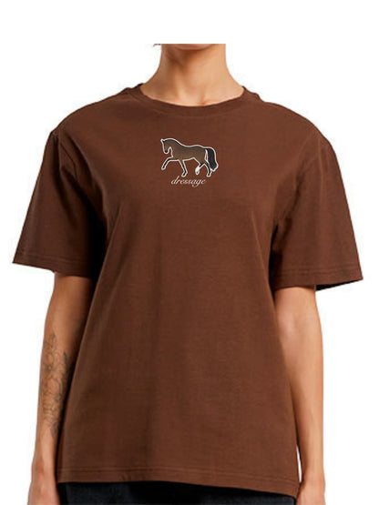 Bawełniana koszulka dla Koniary z haftem "DRESSAGE" Oversize - HORSEY - Chocolate Brown