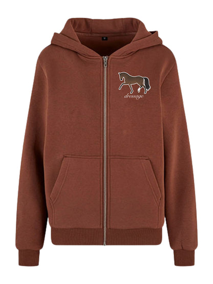 Miękka, luźna bluza na zamek z haftem "DRESSAGE" dla Koniarza - COZY - Chocolate Brown