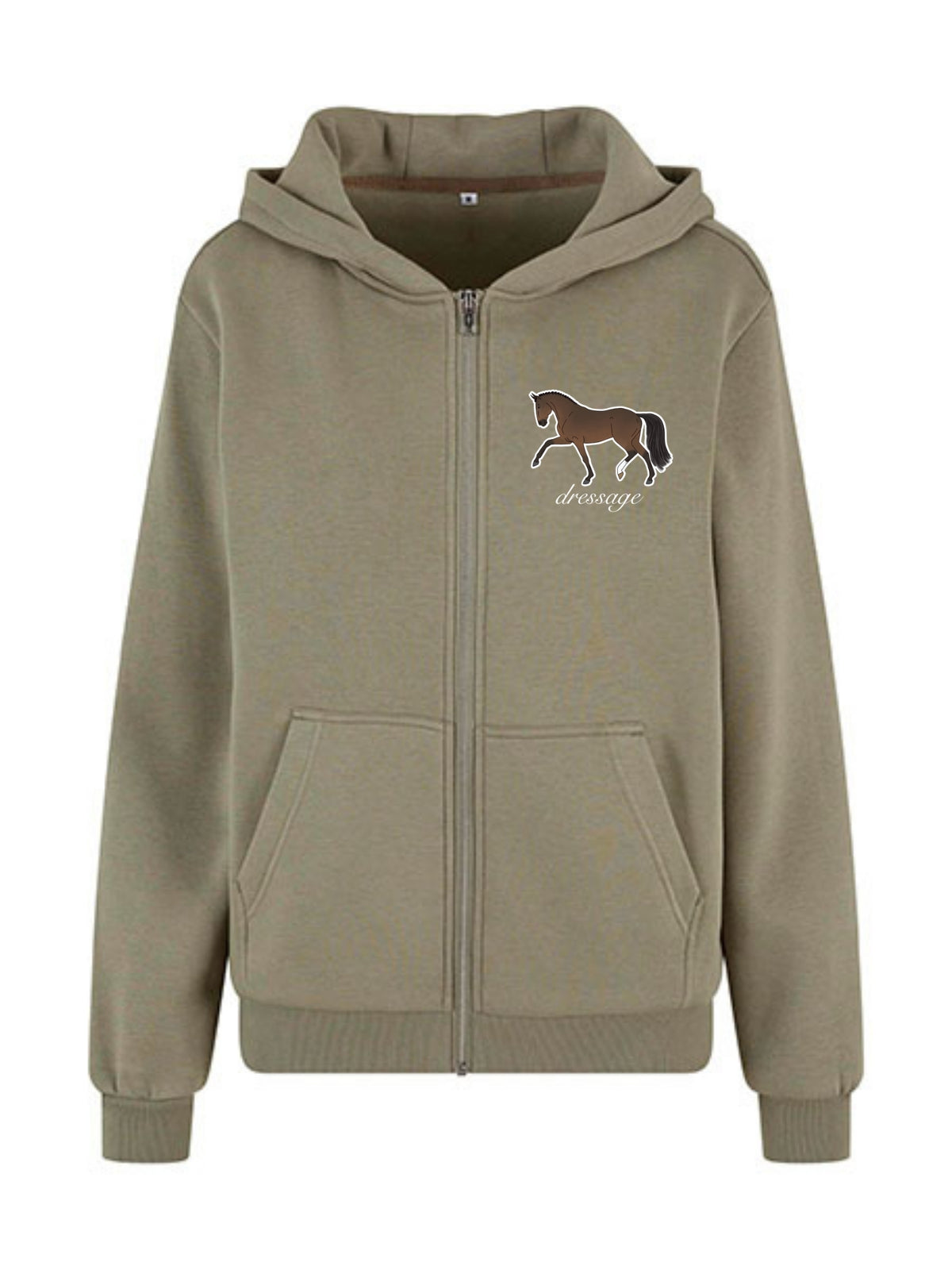 Miękka, luźna bluza na zamek z haftem "DRESSAGE" dla Koniary - COZY - Pale Olive