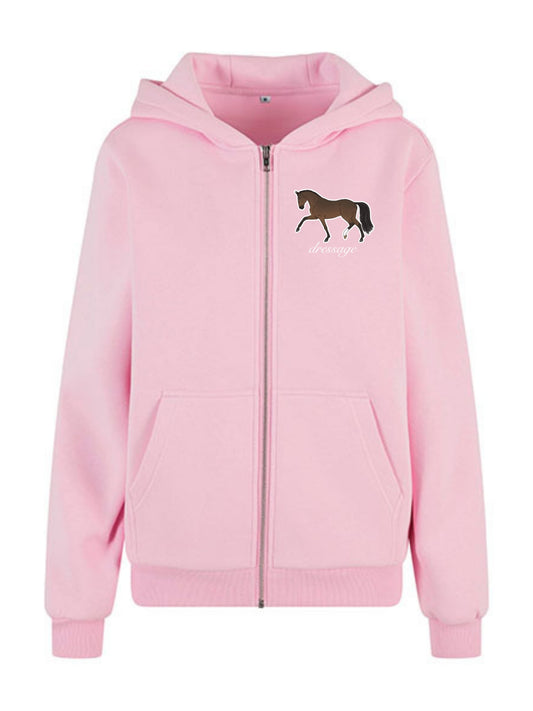 Miękka, luźna bluza na zamek z haftem "DRESSAGE" dla Koniary - COZY - Soft Pink