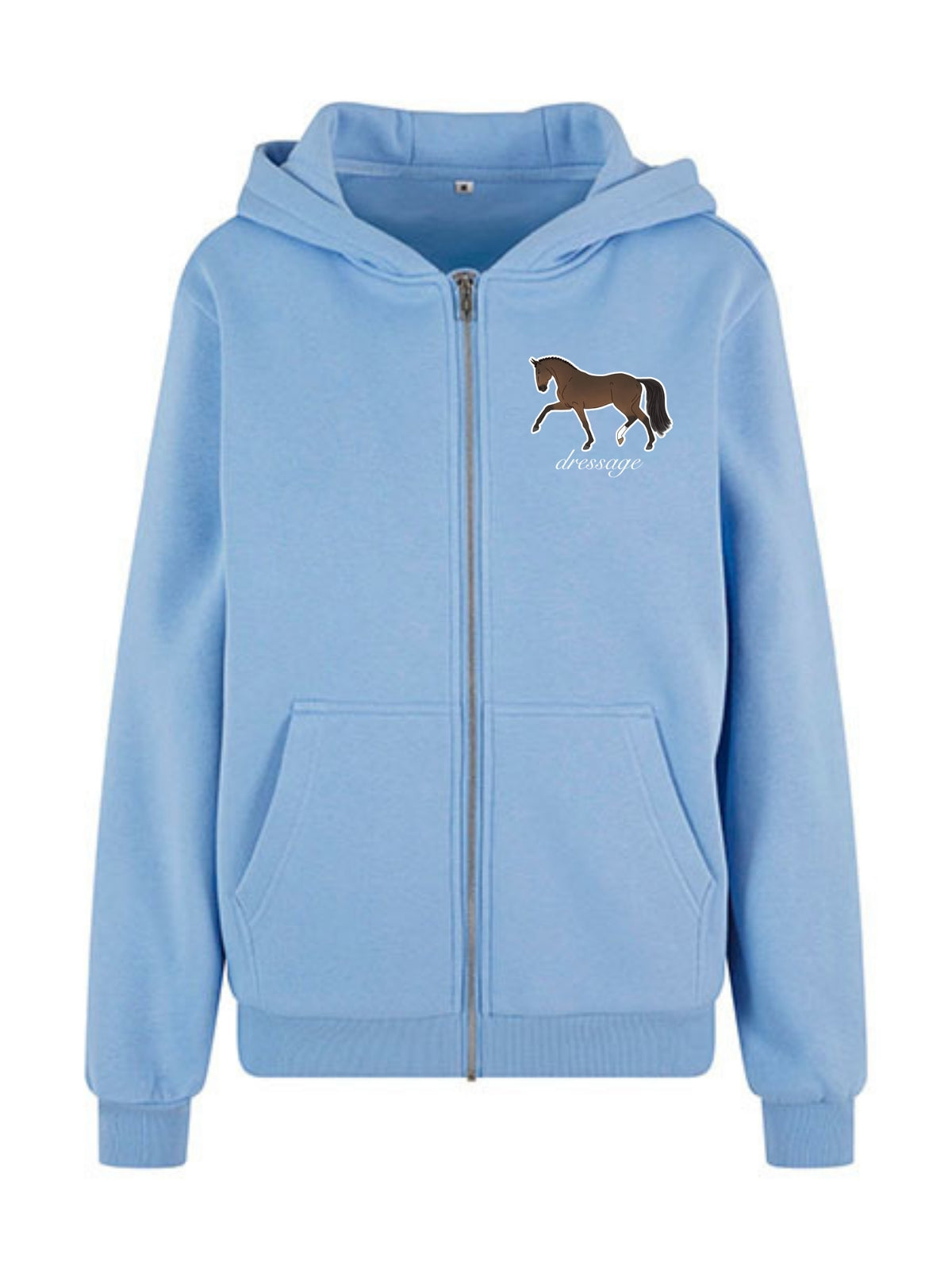 Miękka, luźna bluza na zamek z haftem "DRESSAGE" dla Koniary - COZY - Powder Blue