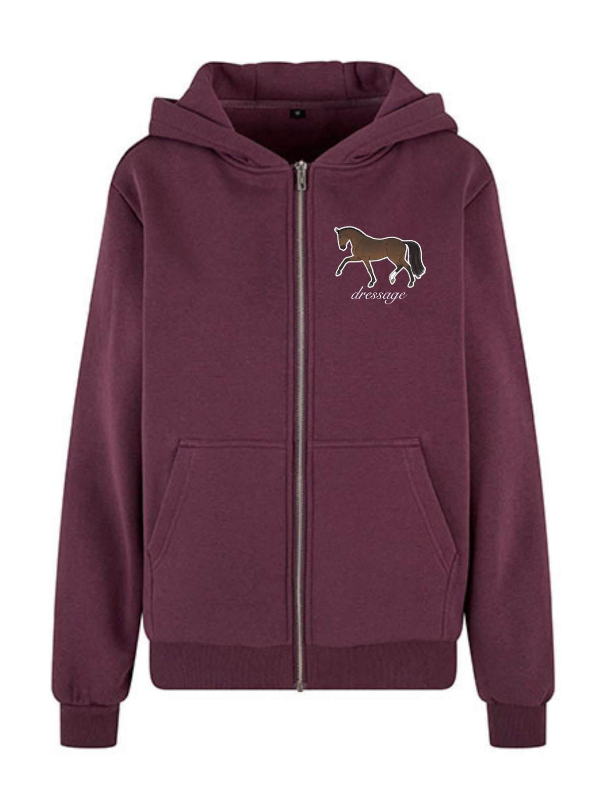 Miękka, luźna bluza na zamek z haftem "DRESSAGE" dla Koniary - COZY - Plum Purple