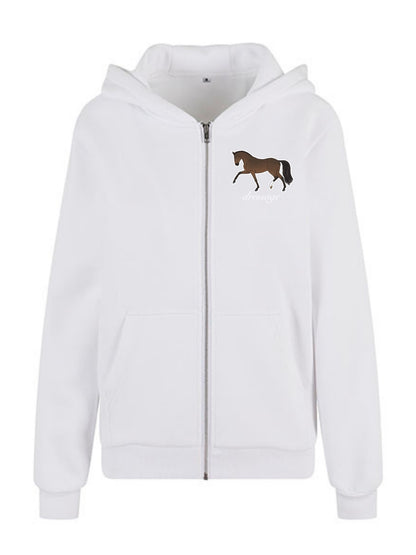 Miękka, luźna bluza na zamek z haftem "DRESSAGE" dla Koniary - COZY - White