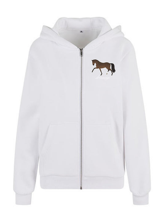 Miękka, luźna bluza na zamek z haftem "DRESSAGE" dla Koniary - COZY - White