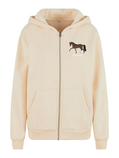 Miękka, luźna bluza na zamek z haftem "DRESSAGE" dla Koniary - COZY - White Sand