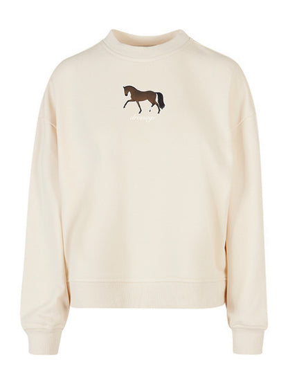 Miękka bluza bez kaptura z haftem "DRESSAGE" dla Koniary Oversize - EQUINE - White Sand