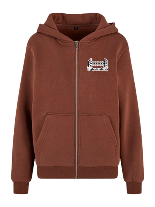 Miękka, luźna bluza na zamek z haftem "HIGH STANDARDS" dla Koniary - COZY - Chocolate Brown
