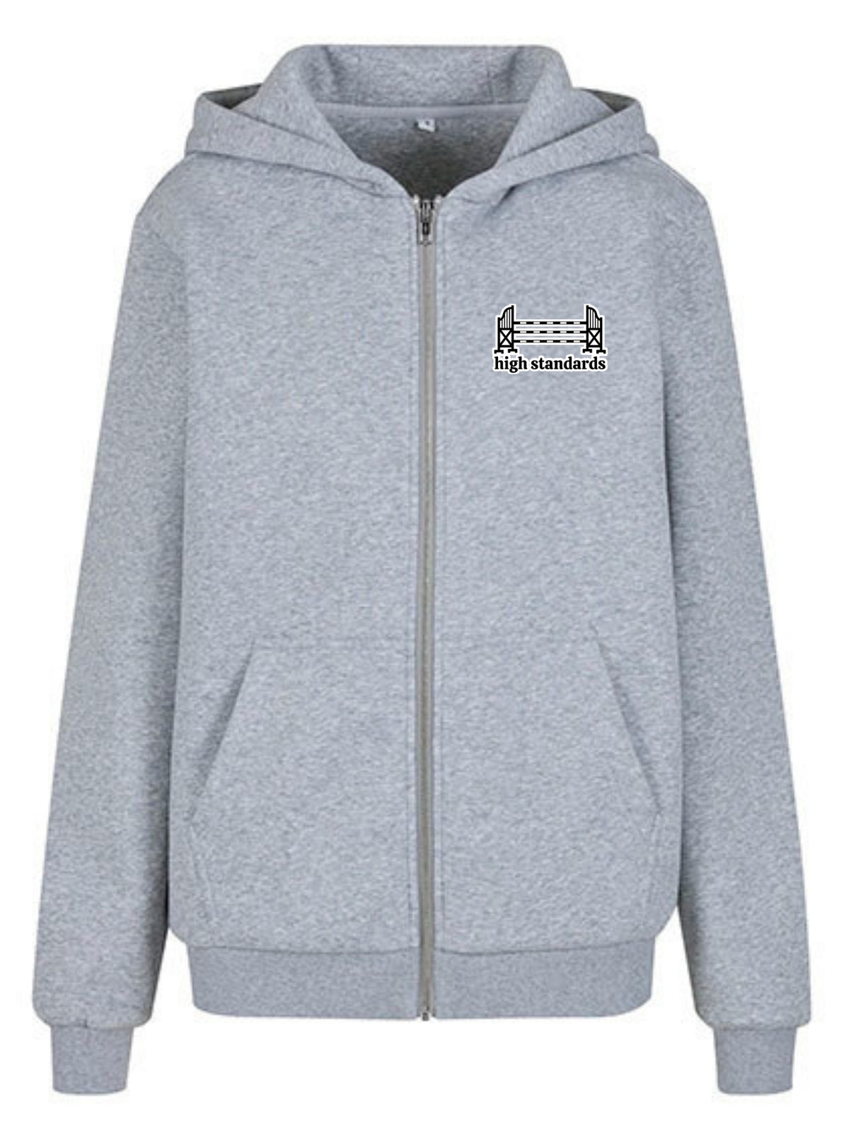 Miękka, luźna bluza na zamek z haftem "HIGH STANDARDS" dla Koniary - COZY - Heather Grey