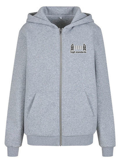 Miękka, luźna bluza na zamek z haftem "HIGH STANDARDS" dla Koniary - COZY - Heather Grey