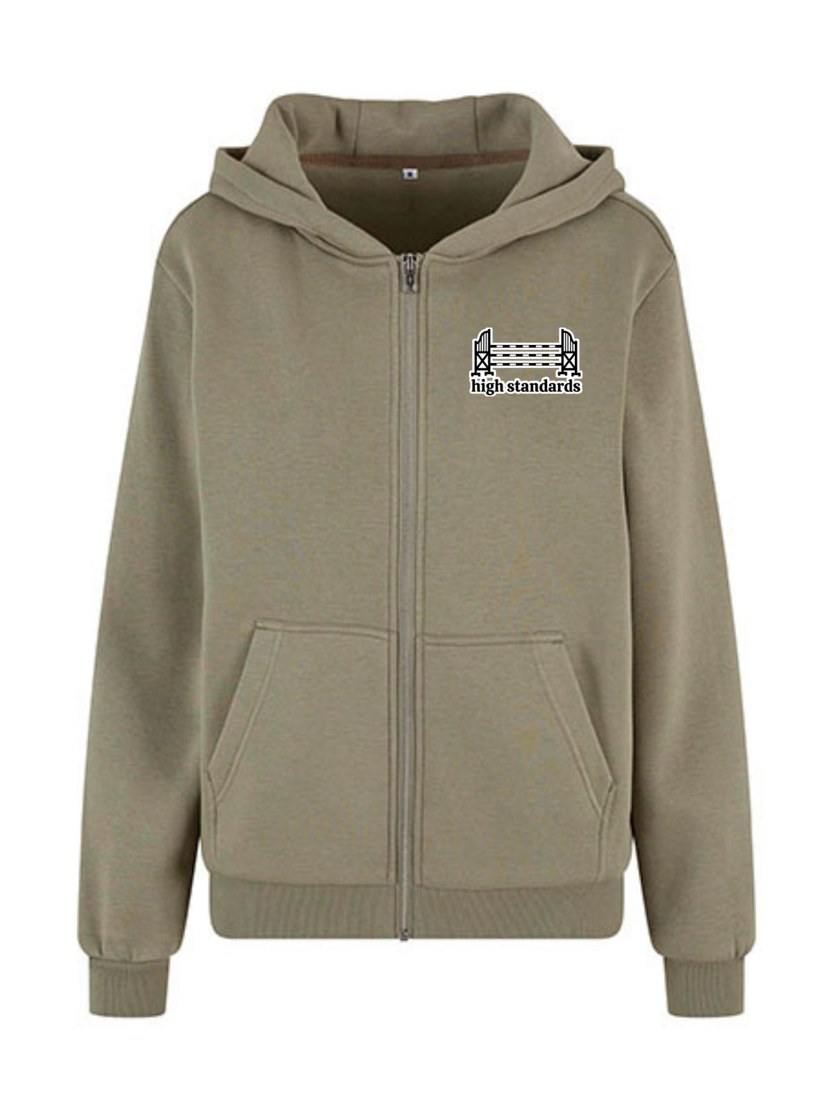 Miękka, luźna bluza na zamek z haftem "HIGH STANDARDS" dla Koniary - COZY - Pale Olive
