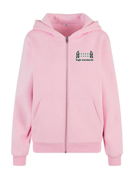 Miękka, luźna bluza na zamek z haftem "HIGH STANDARDS" dla Koniary - COZY - Soft Pink
