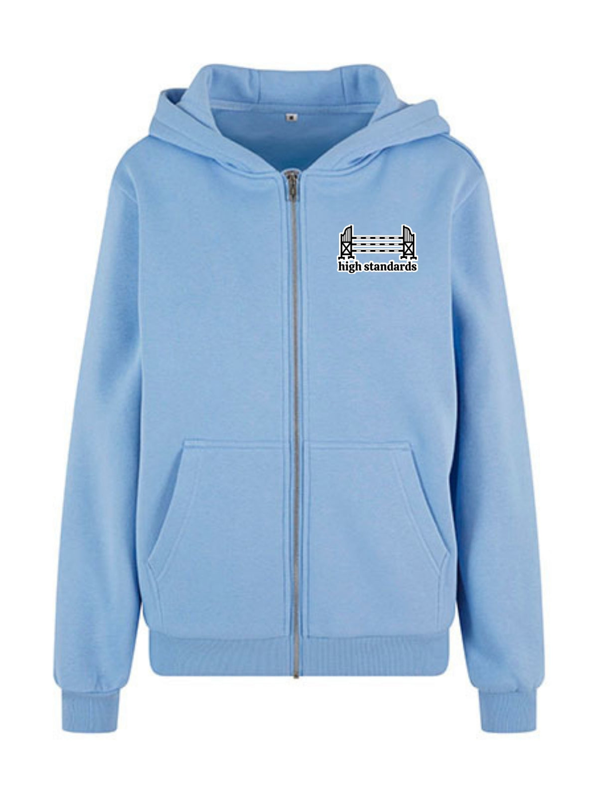 Miękka, luźna bluza na zamek z haftem "HIGH STANDARDS" dla Koniary - COZY - Powder Blue