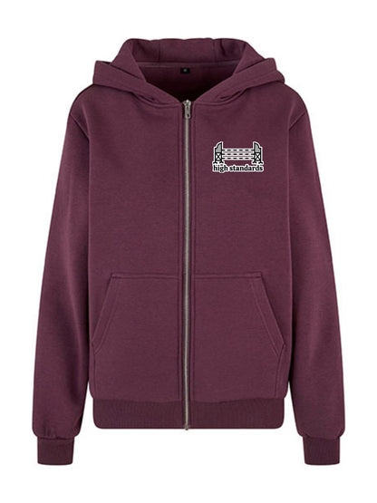 Miękka, luźna bluza na zamek z haftem "HIGH STANDARDS" dla Koniary - COZY - Plum Purple