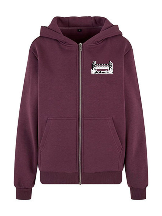 Miękka, luźna bluza na zamek z haftem "HIGH STANDARDS" dla Koniary - COZY - Plum Purple