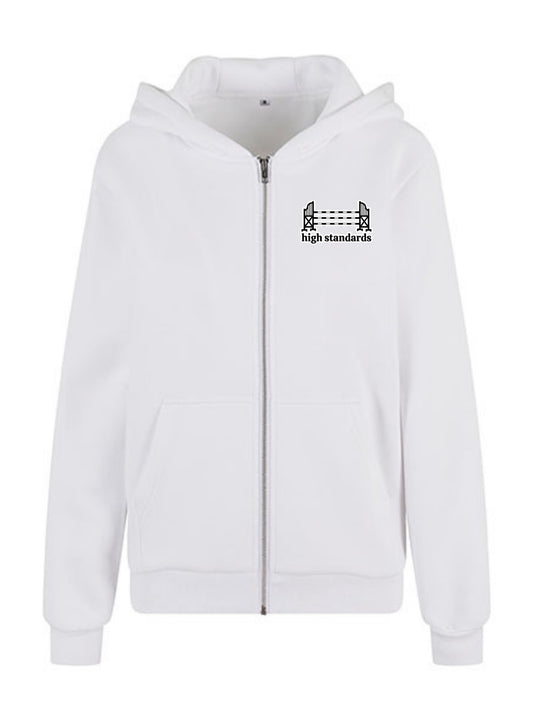 Miękka, luźna bluza na zamek z haftem "HIGH STANDARDS" dla Koniary - COZY - White
