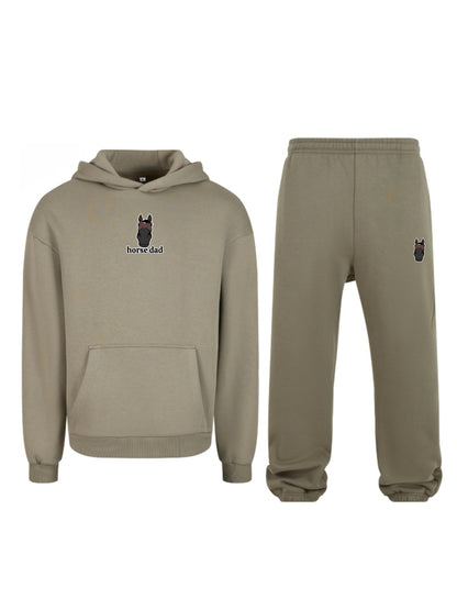 Miękki komplet dresowy z haftem "horse dad" dla Koniarza Oversize - Pale Olive