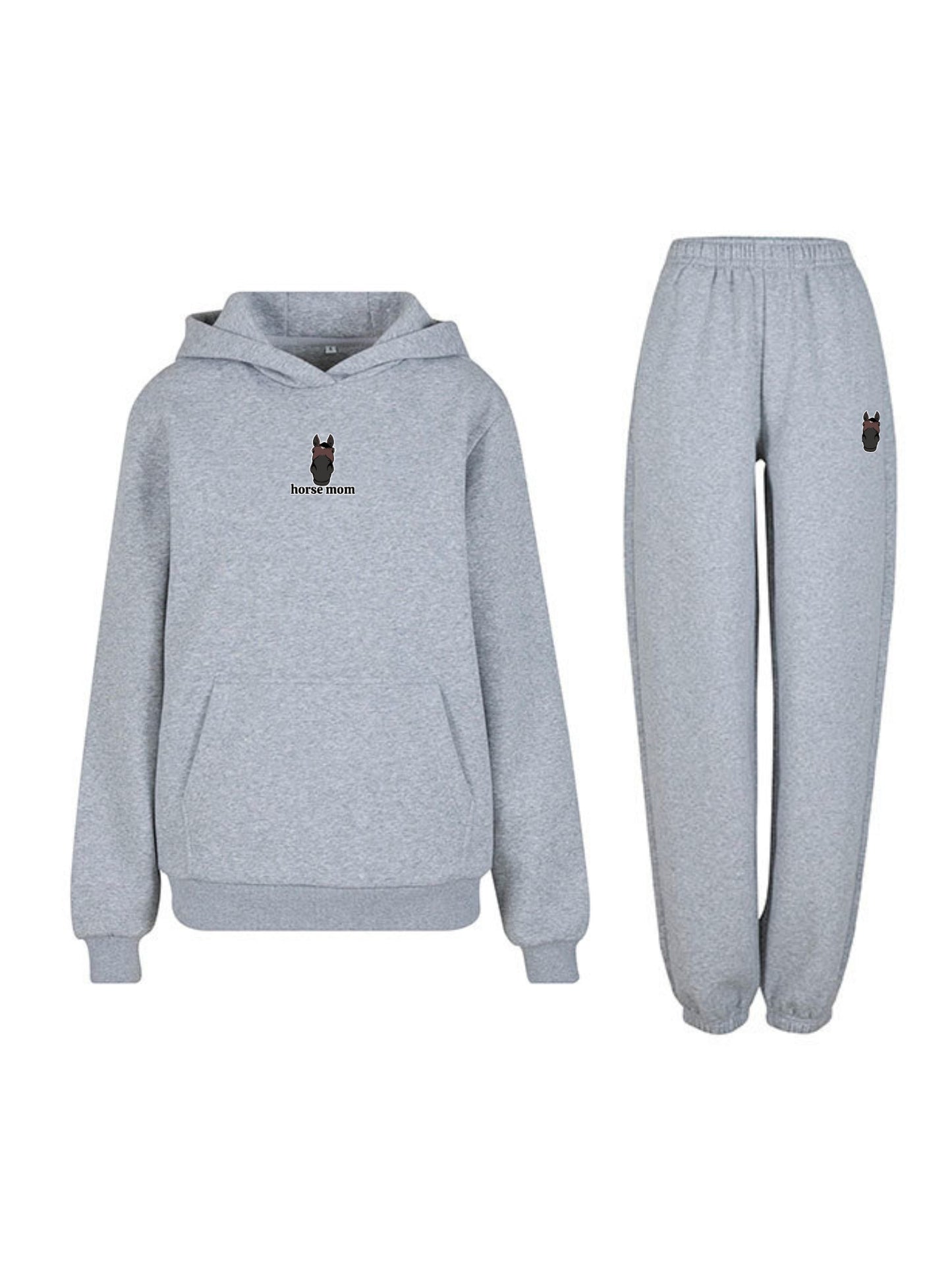 Miękki komplet dresowy z haftem "horse mom" dla Koniary Oversize - COZY - Heather Grey