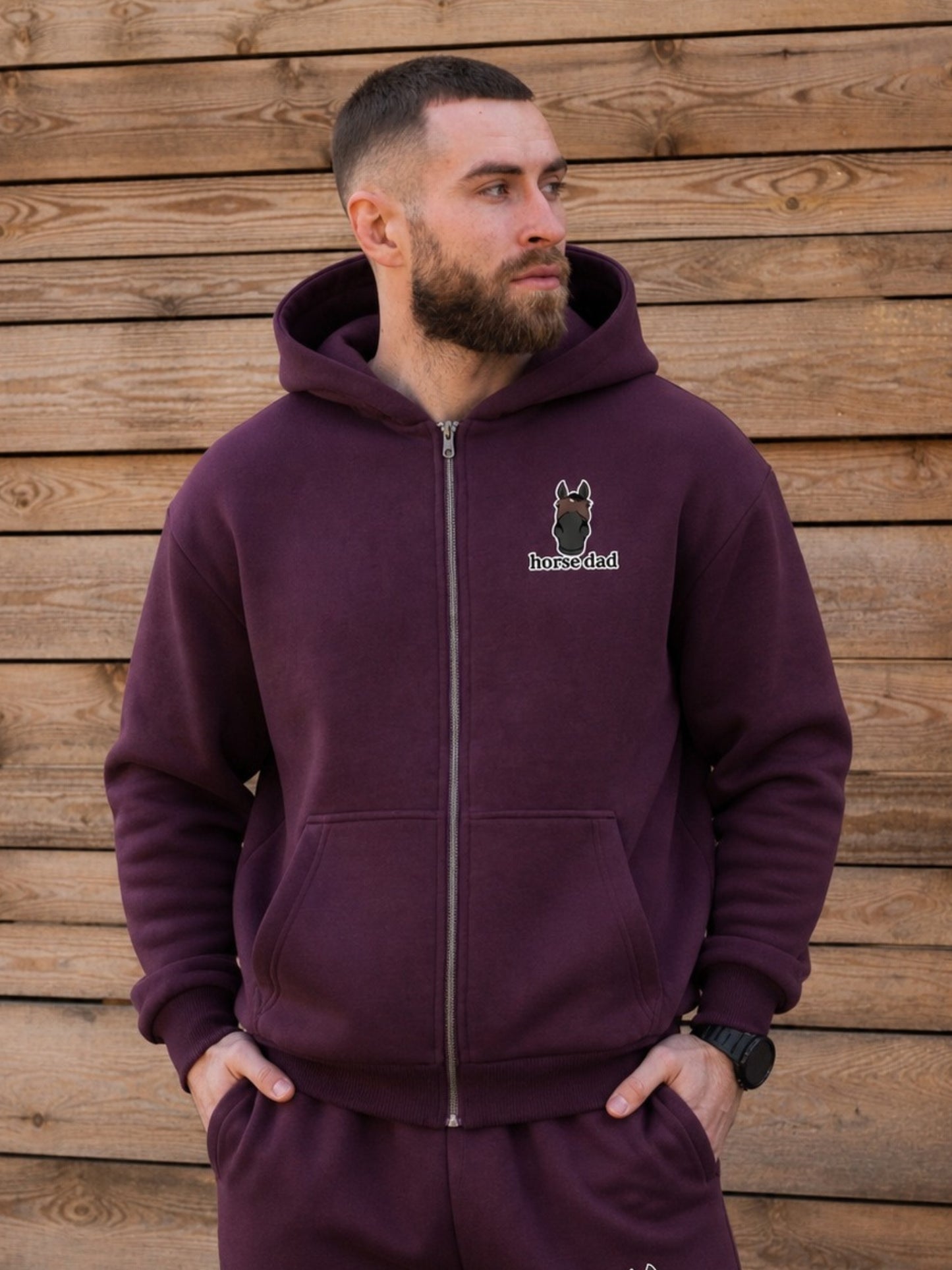 Miękka, luźna bluza na zamek z haftem "horse dad" dla Koniarza - COZY - Plum Purple - 24H!